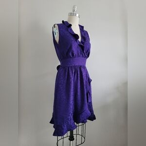 Y2K vintage Jacob 100% silk dress, purple blue colour, wrap style with ruffles.